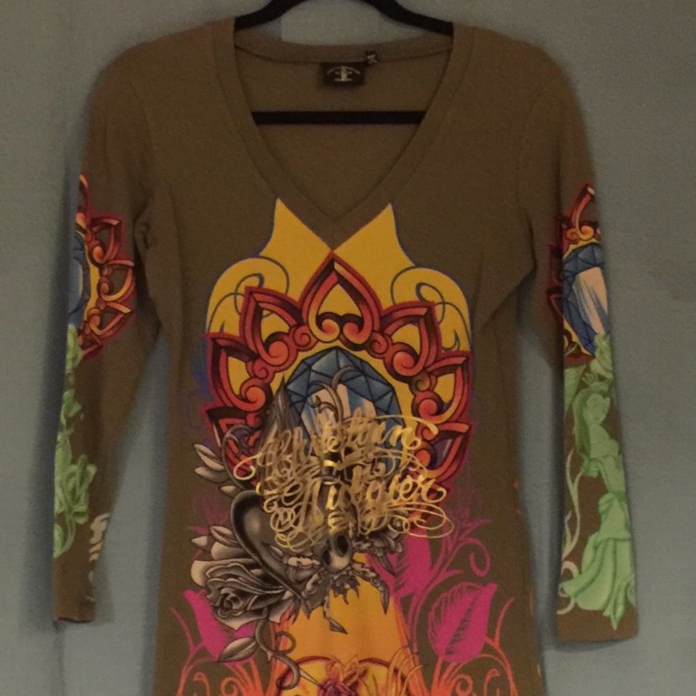 Christian Audigier Moss Green/Print LS T-shirt